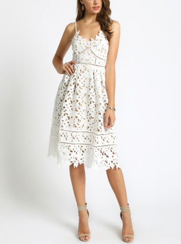 White Laser Cut Lace Spaghetti Strap Dress with Back Zip and Nude Underlay