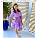 Lilac Floral Jacquard Smocked Waist Dress with Ruffle Sleeves