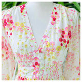 White Marigold Pink & Magenta Poppy Floral Print Puff Sleeve Midi Dress with Optional Belt