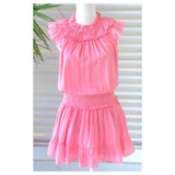 Flamingo Pink Accordion Ruffle Dress with Smocked Waist & Ruffle Hem