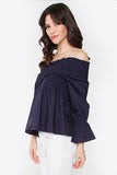 Navy Smocked Off the Shoulder Long Sleeve Top