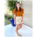 Ivory Teal & Orange Woven Fringe Hem Shorts