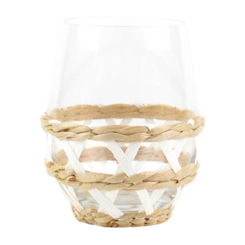 White & Tan Rattan Tumbler Glasses & Carafe (or Vase!)