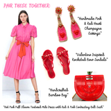 Hot Pink Puff Sleeve Textured Button Down A-Line Midi Dress with Red & Pink Contrasting Belt Sash