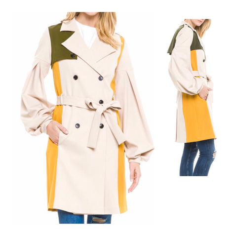 Light Camel Pleated Balloon Sleeve Double Breasted Trench Coat with Marigold & Olive Accents