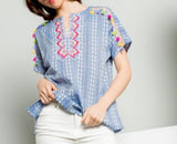 Blue Short Sleeve Tunic with Pink Embroidery and Tassels  - FINAL SALE -