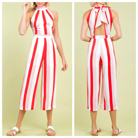 Red White Stripe Midi Halter Jumpsuit with Open Bow Back (just like the maxi but a jumpsuit)