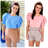 Baby Blue OR Pink Shirred Puff Sleeve Top with Keyhole Back”
