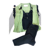Olive Green & Black & White Stripe Shirttail Cuff Jacket / Top with Black Tassels