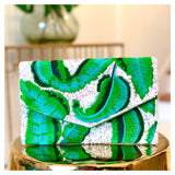 HANDMADE Sequin EMBROIDERED Mint & Kelly Green Contrast Banana Leaf Clutch with Optional Chain & Green Piping