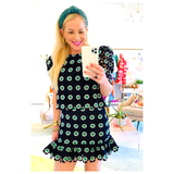 Navy & Kelly Green Floral Crochet Puff Sleeve Top with Keyhole Back