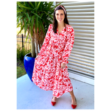 Pink & Red Floral Tiered Ruffle Hem Dress with Belt Sash & Ruffle Sleeves