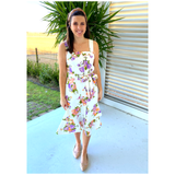 White & Lavender Floral Ammi Midi Dress with BOW Back