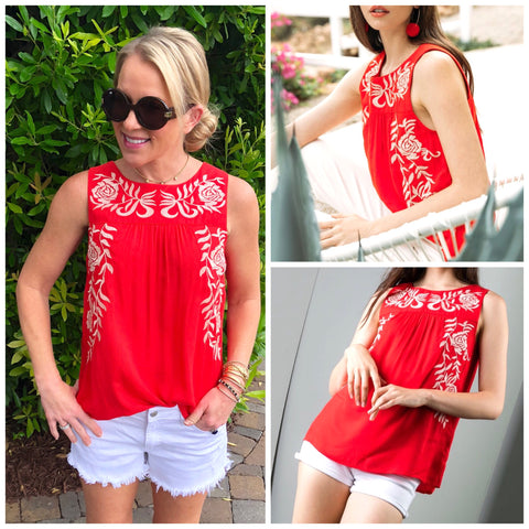 VIBRANT Red Embroidered Sleeveless Top