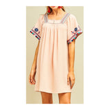 Peach Pleated Front EMBROIDERED Short Sleeve Dress
