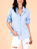 Blue Gingham Long Sleeve Button Down Top with Split Back