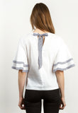 White Bell Sleeve Top with Blue and White Ribbon Trim and Keyhole Back