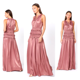 Shimmering Rose Smocked Waist Ruffle Trim Maxi Dress