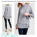 Grey Knit Turtleneck with Gingham Tie Sleeve & Shirttail Hem Contrast