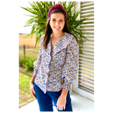 Blue Red Yellow Floral Puff Sleeve Ruffle Top