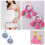 Pink Contrast Fabric Wrapped Circle Tassel Earrings