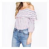 Coral Blue Stripe Cold Shoulder Ruffle 3/4 Sleeve Top