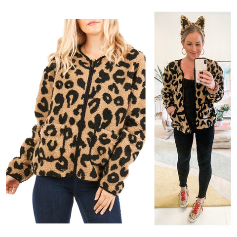 Camel & Black Leopard Print Sherpa Jacket with Front Pockets & Piped Trim