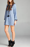 Blue White Stripe Embroidered Long Sleeve Tunic Dress with Pom Pom and Tassels
