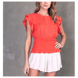 Deep Coral Pleated Ruffle Sleeve Top with Smocked Waist & Keyhole Back