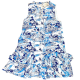 Blue & White Ruffle Trim Toile Print Hallie Dress