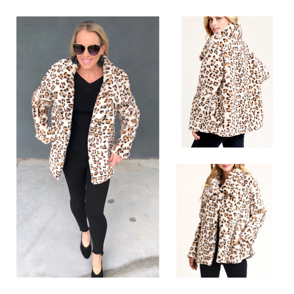 Ivory Leopard Print Faux Fur Swing Jacket with Oversized Basic Collar ...