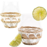 White & Tan Rattan Tumbler Glasses & Carafe (or Vase!)