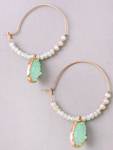 Jade Stone and Beaded Gold Hoops