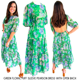 Green Floral Puff Sleeve Pearson Dress with Open Back