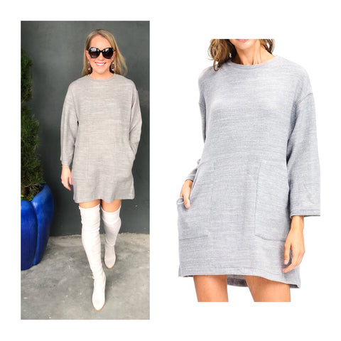 Grey Three Quarter Sleeve SOFT Brushed Knit Shift Dress with Front Pockets