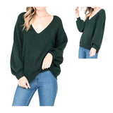 Hunter Green Puff Sleeve Light Knit V-Neck Sweater