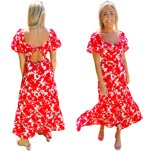 Red Floral Puff Sleeve Bow Back Laurent Dress