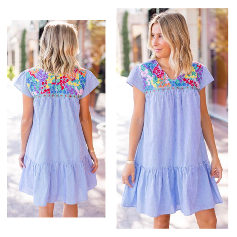 Blue White Stripe EMBROIDERED TEXTILE Flutter Sleeve Dress with Keyhole Back