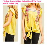 Yellow Embroidered Tie Front Ruffle Sleeve Top