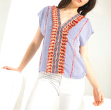 Blue Stripe V-Neck Top with ORANGE FRINGE & Embroidery