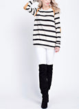 Navy and White Stripe Lightweight Knit Sweater with Faux Suede Elbow and Shoulder Accents