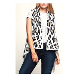 Ivory Fuzzy Knit Leopard Open Front High Low Shawl Vest