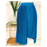 Smurf Blue Metallic Shimmer Knit Pleated Midi Skirt with Grosgrain Waistband