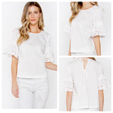 White OR Blush Pink Eyelet Poplin Top with Ruffle Detail and Tie Back