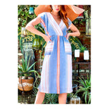 White Blue Neon Orange Stripe Midi Dress with Pom Pom Tassel Tie Back & Pockets