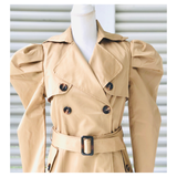 Camel Shirred Puff Sleeve Double Breasted Sophisticated Belted Trench Coat