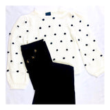 Ivory Knit Sweater with Black Knit Pom Pom Detail