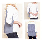 White 3/4 Sleeve Top with Blue Shirttail Hem Contrast