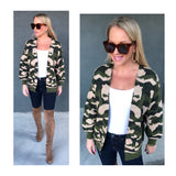 Taupe & Green Camo Knit Cardigan with Pockets & Banded Sleeves