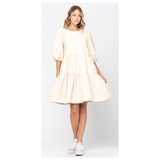 Black or Ivory LEATHER Puff Sleeve Dress with Tiered Ruffle Hem, POCKETS & Keyhole Back